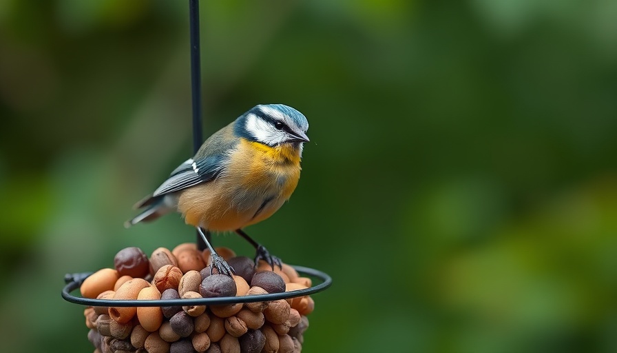 Blue tit on a bird feeder, blurred green background.