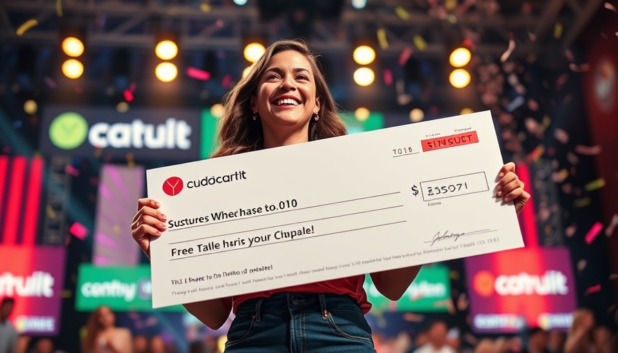 Startup Battlefield 200 winner holding cheque on vibrant stage with confetti.