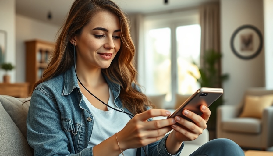 Woman using phone with fast-charging USB-C cable, relaxing on sofa.