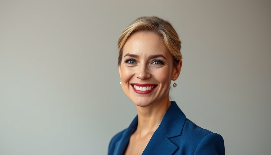 Professional woman in blue suit smiles confidently, UK apprenticeship plan.