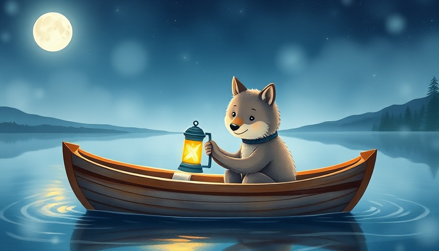 Children's book cover with bear and wolf in a boat, lantern, 'Here, with you'.