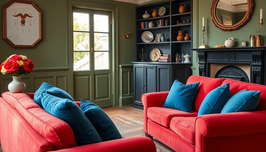 Red sofa in stylish green living room next to a fireplace.