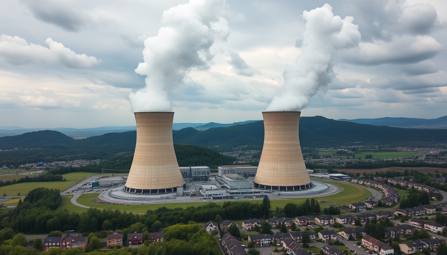 Aerial view of nuclear power plant with cooling towers near suburb, Trump nuclear energy boost executive orders.