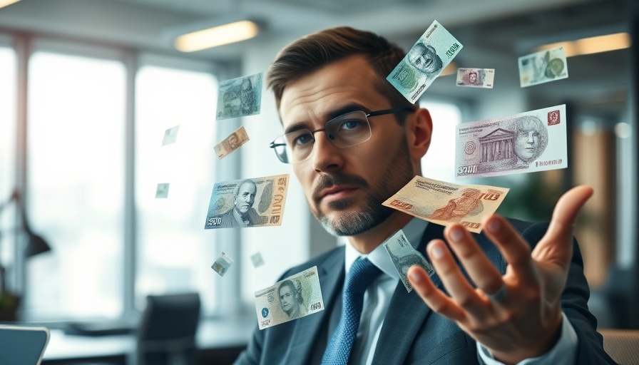 Businessman discussing diversifying beyond the US dollar, currency images.
