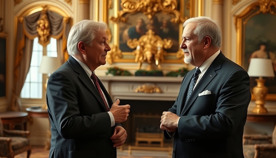 Discussion between two leaders in ornate room with golden decor.