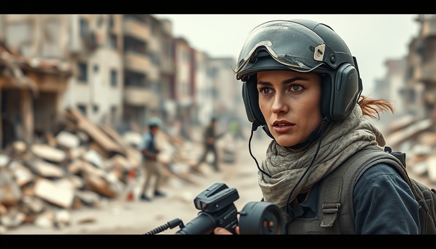 Ukraine frontline report by journalist in protective gear amid debris.