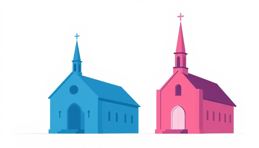 Minimalistic blue and pink church silhouettes on white background highlighting Gen Z Worship War.