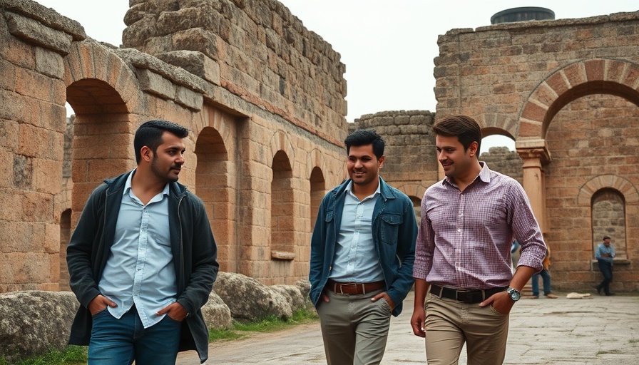 Historical Context of Faith: Men discussing near ancient ruins.