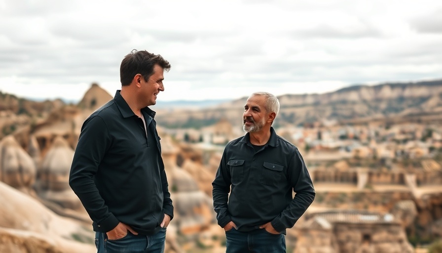 Casual discussion between two men in front of Cappadocia's landscape.