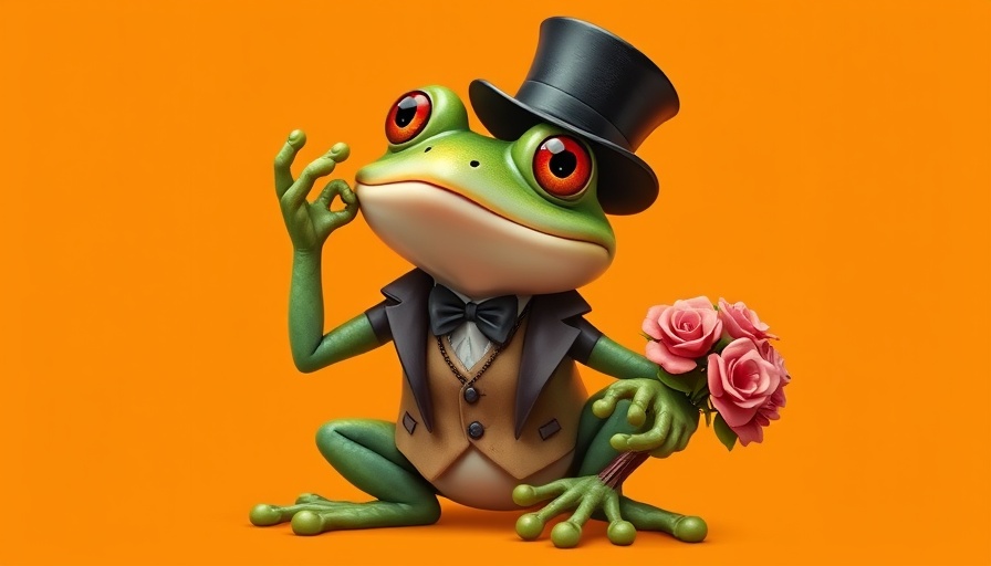 Whimsical frog in Victorian attire tipping hat on orange background.