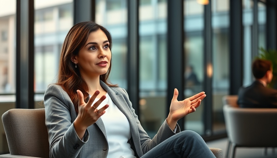 Confident woman discussing homebuyers survey, modern office setting.