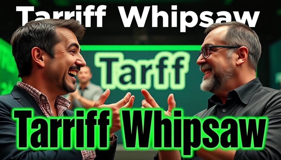 Discussion on crypto market volatility and tariff uncertainty with bold graphic design.