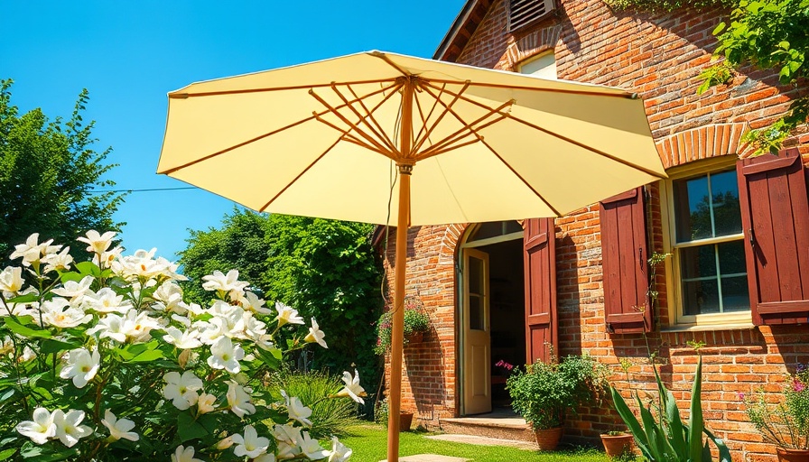 Stylish garden parasols 2025 beside a rustic brick house, surrounded by flowers.