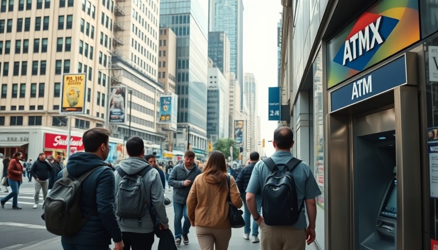 Urban scene with pedestrians passing a bank ATM, UK property market stress tests context.