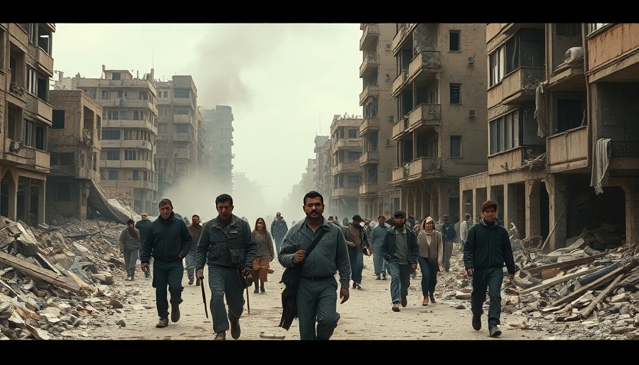 Civilians navigate rubble-strewn streets amid conflict, highlighting hardship.