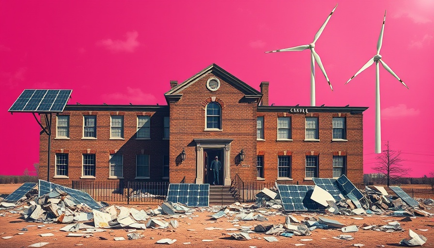 Surreal illustration of a climate studies shutdown with a broken building and solar panels.