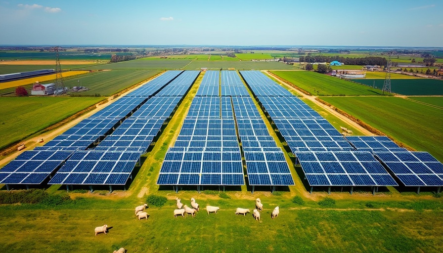 Aerial agrivoltaic farming in Virginia with solar panels and sheep.