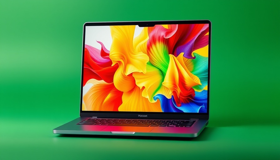 Vibrant portable laptop monitor with colorful screen on green background.