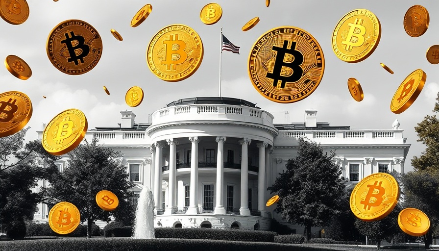 Floating Bitcoin coins over the White House symbolizing crypto impact on banking.