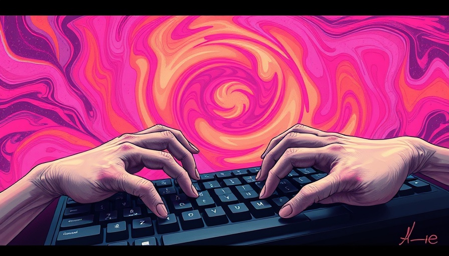 Surreal digital art of hands typing on a keyboard against a psychedelic background, depicting AI-induced delusions.