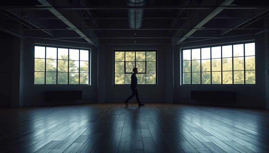 Empty office space showcasing removal trends with large windows and silhouette.