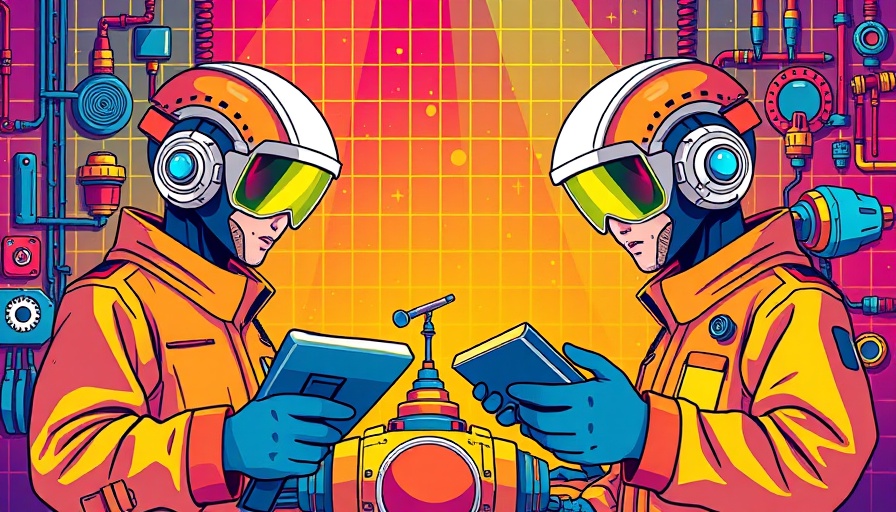 Colorful cartoon of engineers working on AI machines for energy solutions.