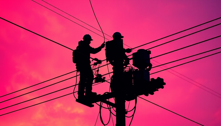 Retro silhouette image of technicians on power line, AI’s energy appetite.