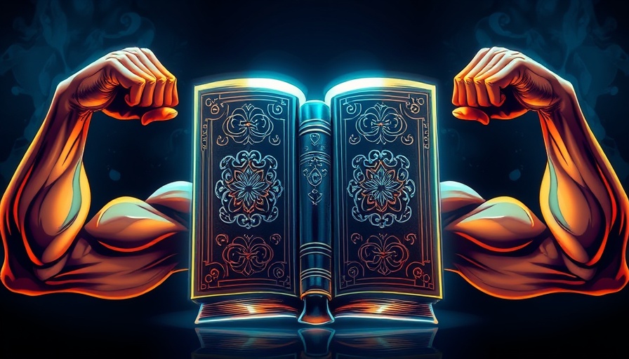 Illustration of a glowing book with flexing arms on blue background.