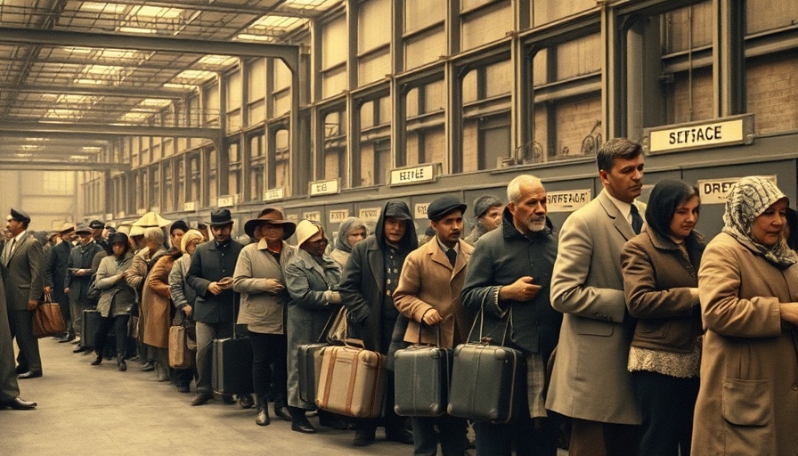 Immigrants in line with luggage at processing station, historical photo.