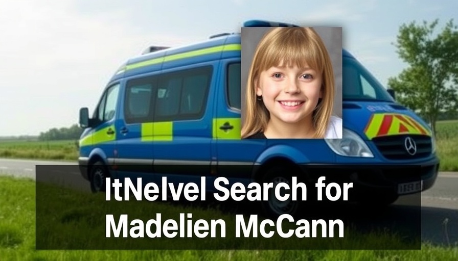 Search for Madeleine McCann, police van scene with child portrait.
