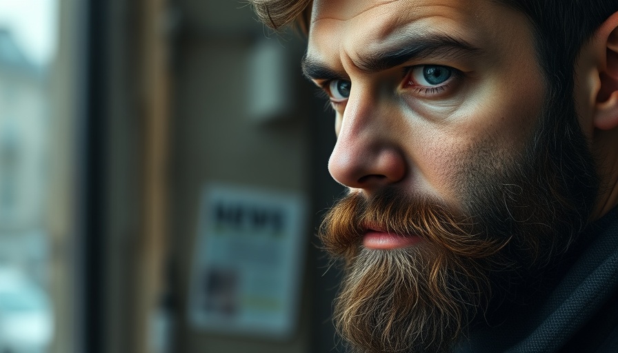 Close-up portrait of a bearded man, intense expression, BBC News overlay.