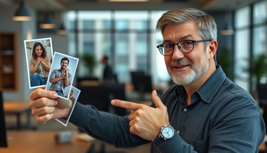 Engaged man in office points at photo cutouts, UK legal system controversies.