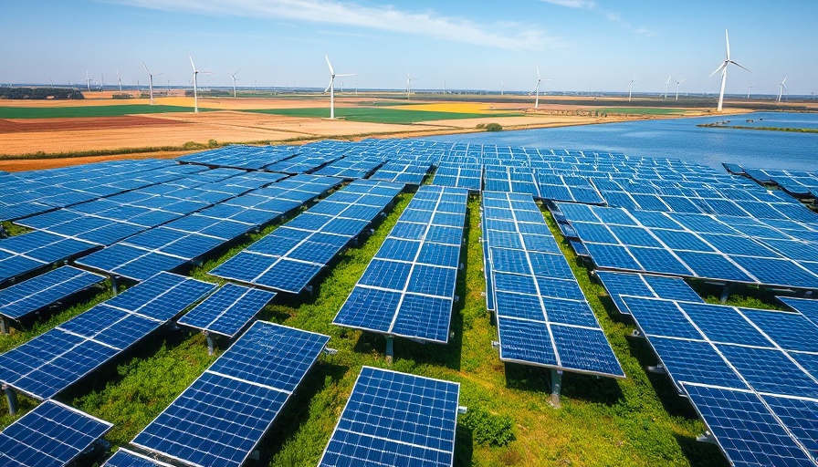 Floating solar panels and wind turbines in clean energy landscape.