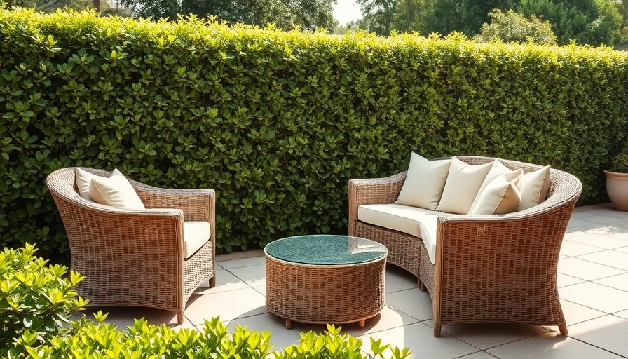Garden furniture online sale featuring wicker set with natural backdrop.