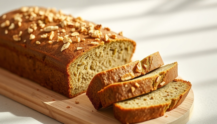 Flourless matcha banana bread with nuts, sliced, nutritious and delicious.