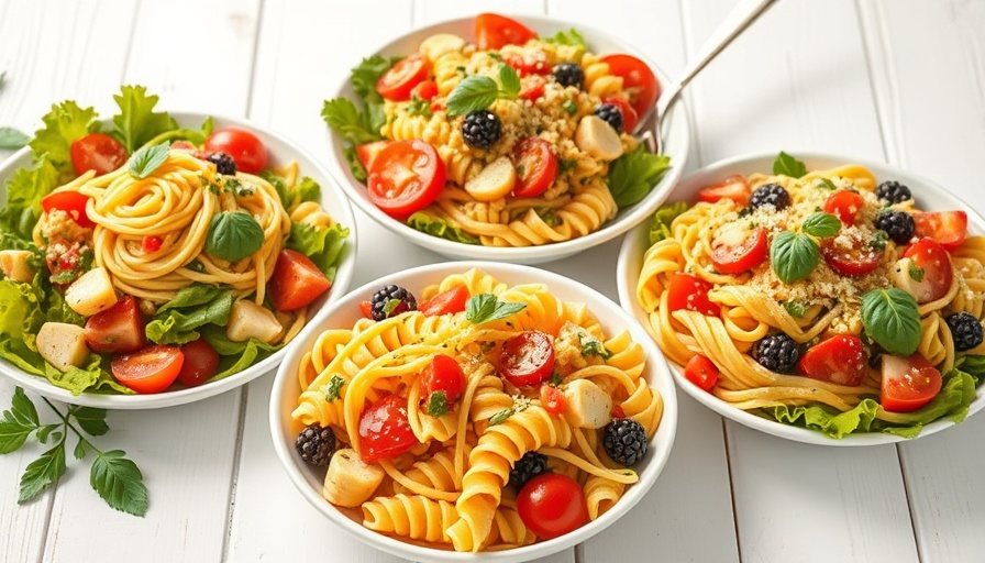 Colorful summer pasta salads with fresh vegetables and fruits on a table.