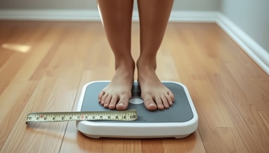 Barefoot person on scale with measuring tape for easy weight loss hacks.