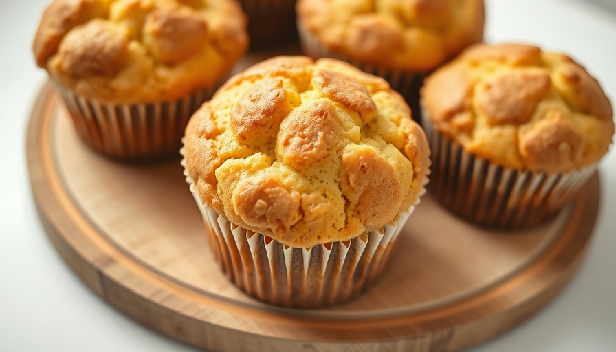 Freshly baked healthy muffins on wooden board.