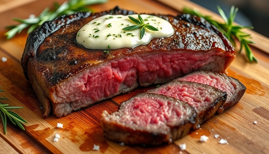 Grass-Fed Rib Eyes with Garlic-Chive Butter on wooden board.