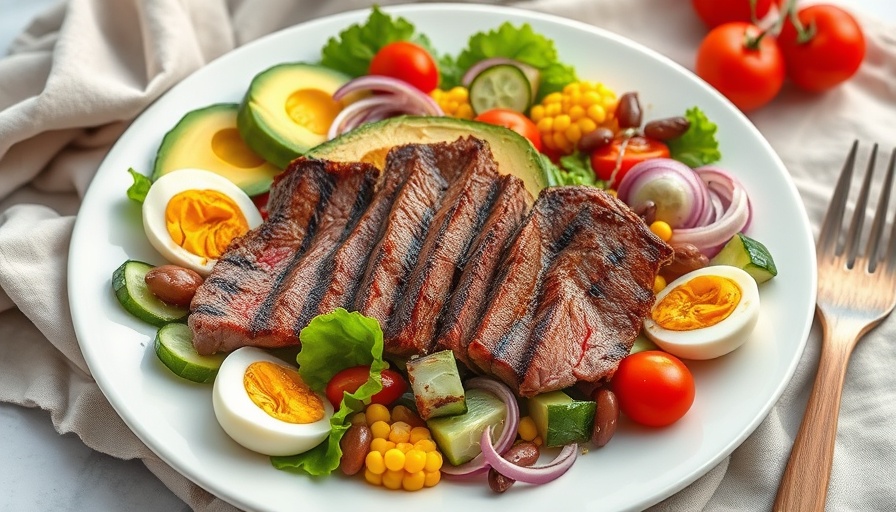 Vibrant grilled steak salad with avocados and boiled eggs.