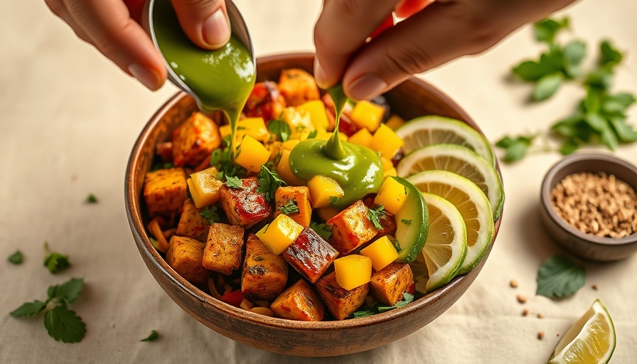 Vibrant jerk tofu and roasted plantain bowl with mango salsa.