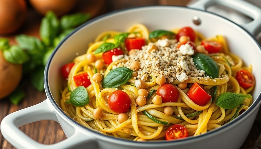 Delicious zucchini pesto pasta with vegetables.