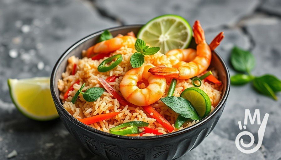 Delicious Thai fried rice garnished with lime and cucumbers.