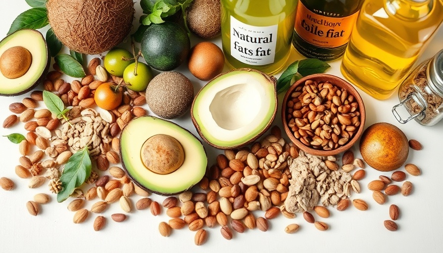 Healthy natural fats including nuts and oils on white background.