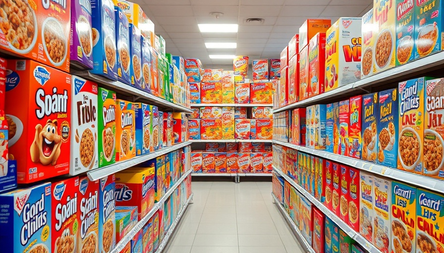 Range of cereal boxes showing bioengineered ingredients on supermarket shelf.