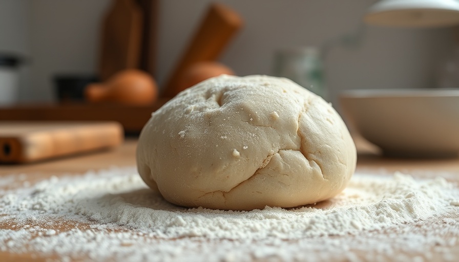 Homemade sourdough dough resting on a floured surface in a cozy kitchen.