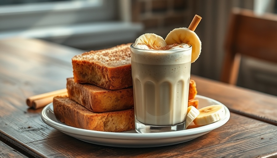 French toast smoothie with cinnamon and bananas on a rustic table.