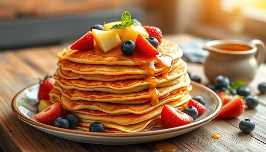 Healthy pancakes and crepes with fresh fruits on a rustic table.