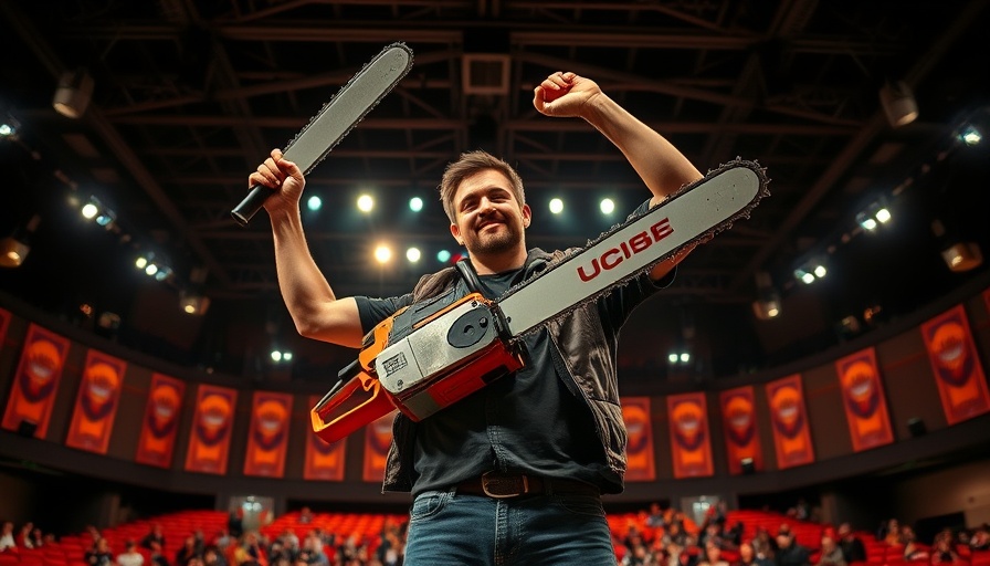 Confident figure holding chainsaw on stage, bright conference setting.
