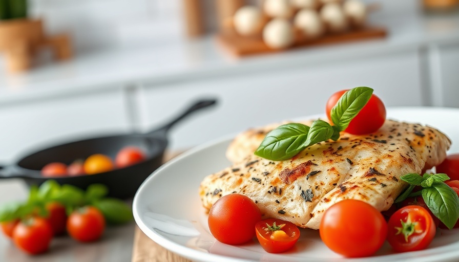 Low-carb chicken with tomatoes and basil on a white plate.